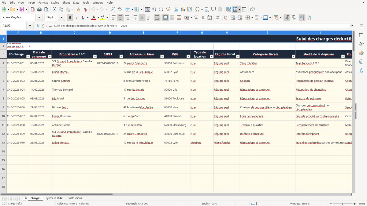 Capture 1 : onglet Charges - Modèle Excel suivi des charges deductibles revenus fonciers excel