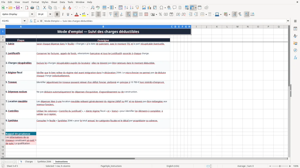 Capture 3 : onglet Instructions - Modèle Excel suivi des charges deductibles revenus fonciers excel