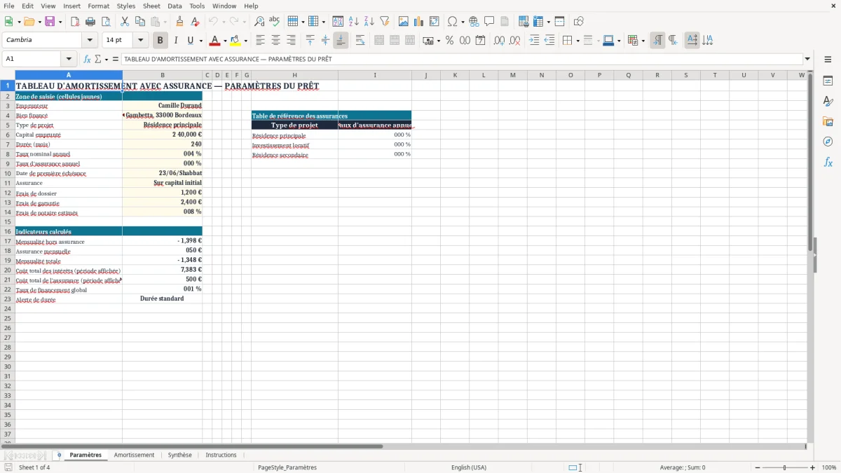Capture 1 : onglet Paramètres - Modèle Excel tableau d'amortissement avec assurance excel