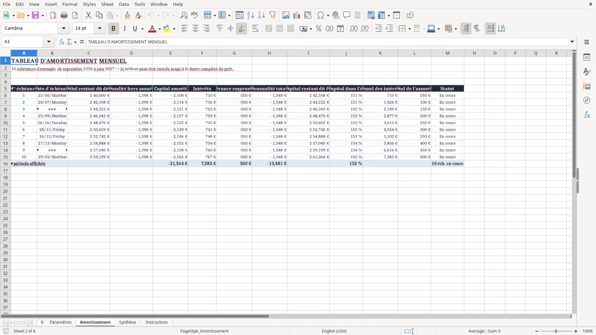 Capture 2 : onglet Amortissement - Modèle Excel tableau d'amortissement avec assurance excel