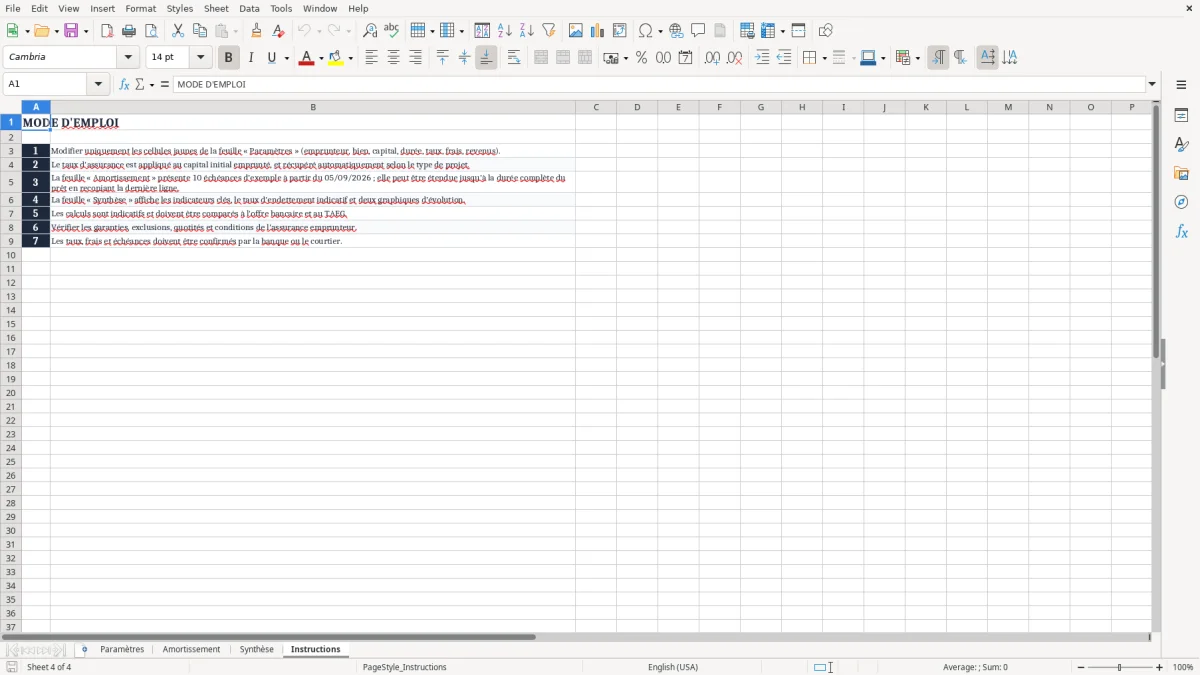 Capture 4 : onglet Instructions - Modèle Excel tableau d'amortissement avec assurance excel