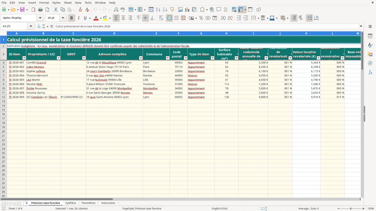 Capture 1 : onglet Prévision taxe foncière - Modèle Excel calcul de la taxe fonciere previsionnelle excel