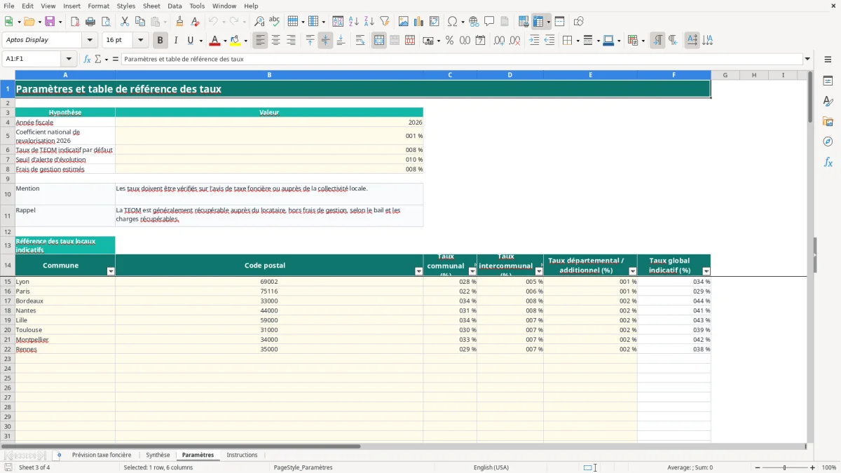 Capture 3 : onglet Paramètres - Modèle Excel calcul de la taxe fonciere previsionnelle excel