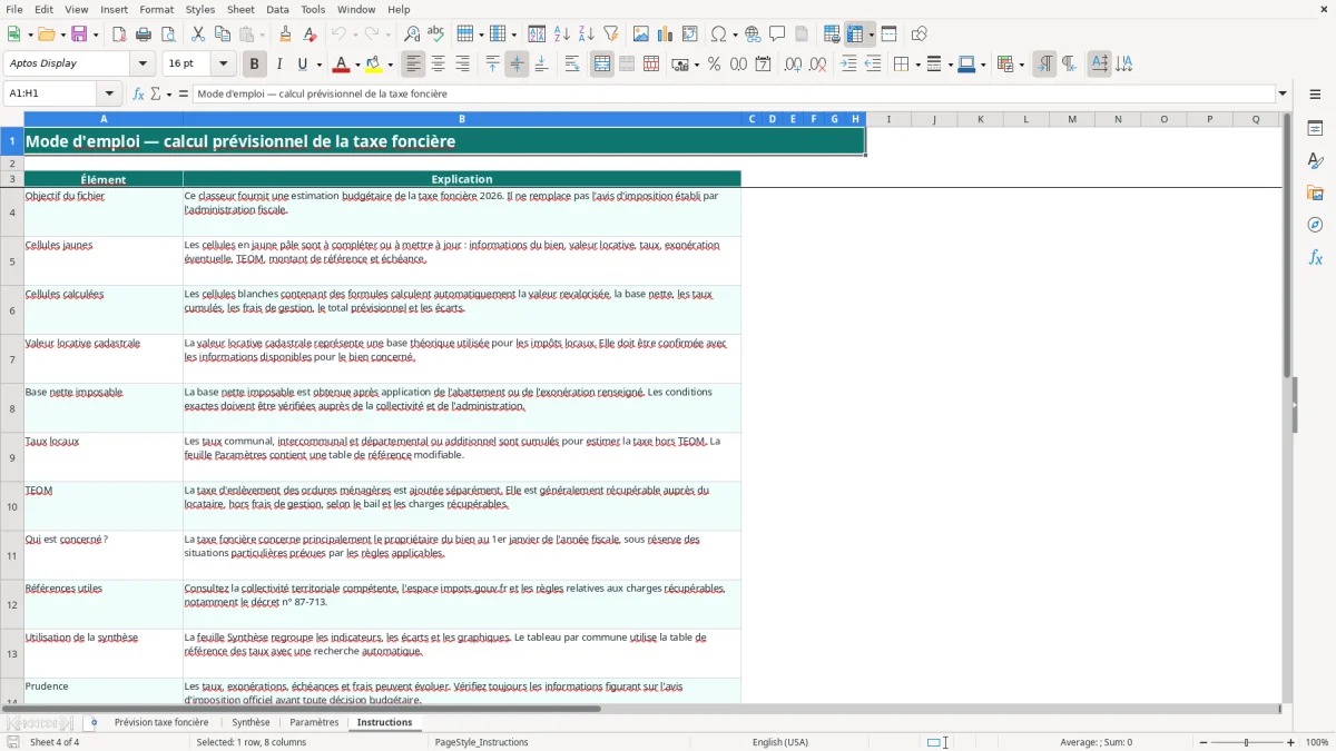 Capture 4 : onglet Instructions - Modèle Excel calcul de la taxe fonciere previsionnelle excel