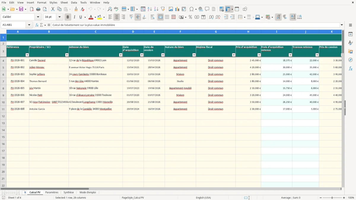 Capture 1 : onglet Calcul PV - Modèle Excel calcul de l'abattement plus value immobiliere excel