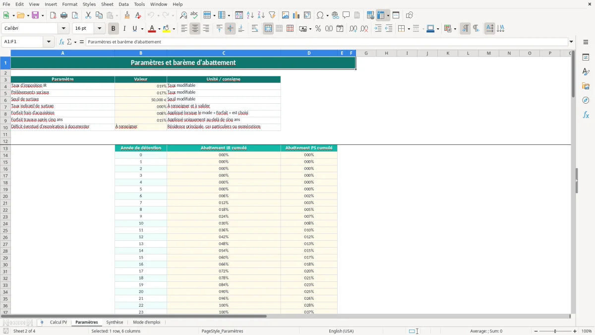 Capture 2 : onglet Paramètres - Modèle Excel calcul de l'abattement plus value immobiliere excel