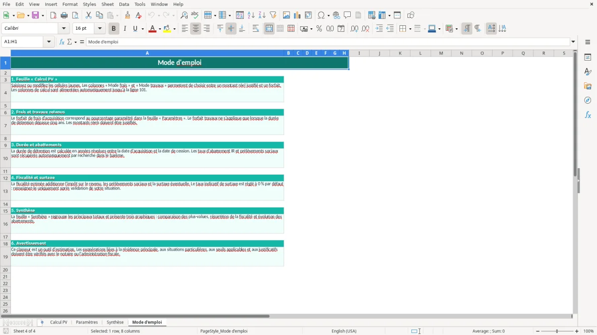 Capture 4 : onglet Mode d'emploi - Modèle Excel calcul de l'abattement plus value immobiliere excel