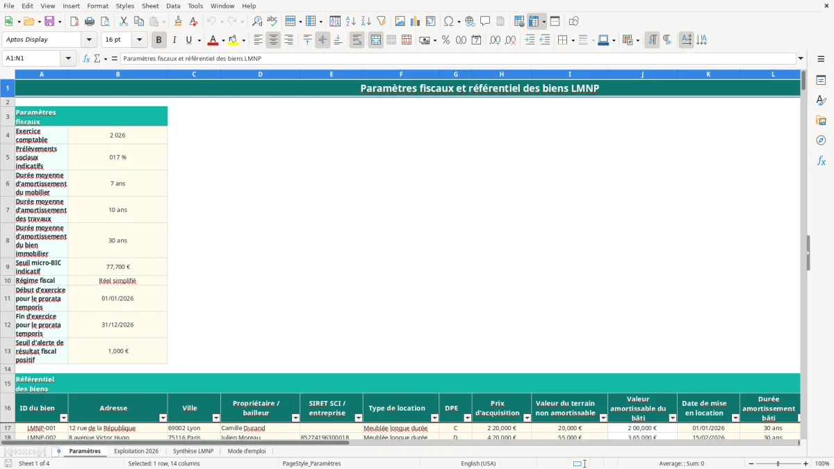 Capture 1 : onglet Paramètres - Modèle Excel calcul du resultat lmnp reel simplifie excel