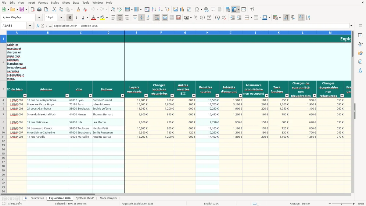 Capture 2 : onglet Exploitation 2026 - Modèle Excel calcul du resultat lmnp reel simplifie excel