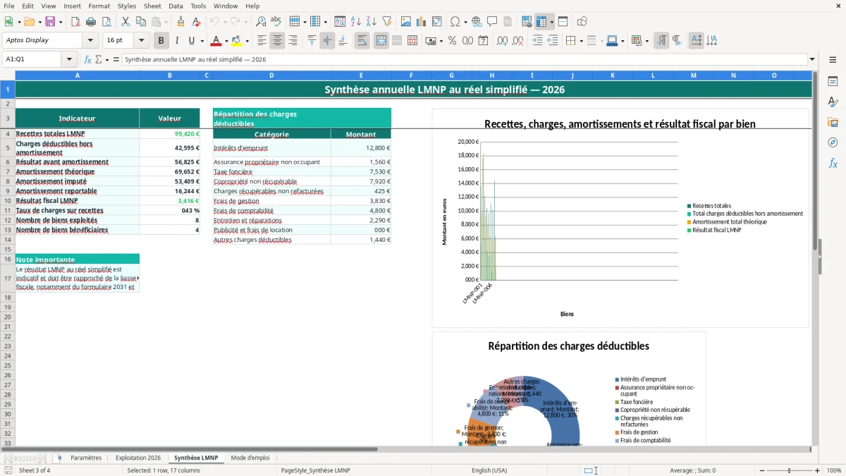 Capture 3 : onglet Synthèse LMNP - Modèle Excel calcul du resultat lmnp reel simplifie excel