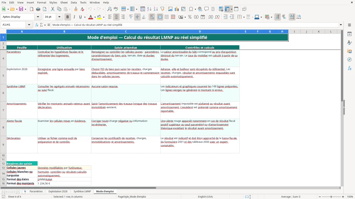 Capture 4 : onglet Mode d'emploi - Modèle Excel calcul du resultat lmnp reel simplifie excel
