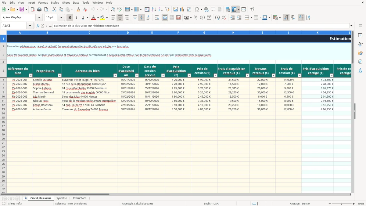 Capture 1 : onglet Calcul plus-value - Modèle Excel plus value sur residence secondaire excel