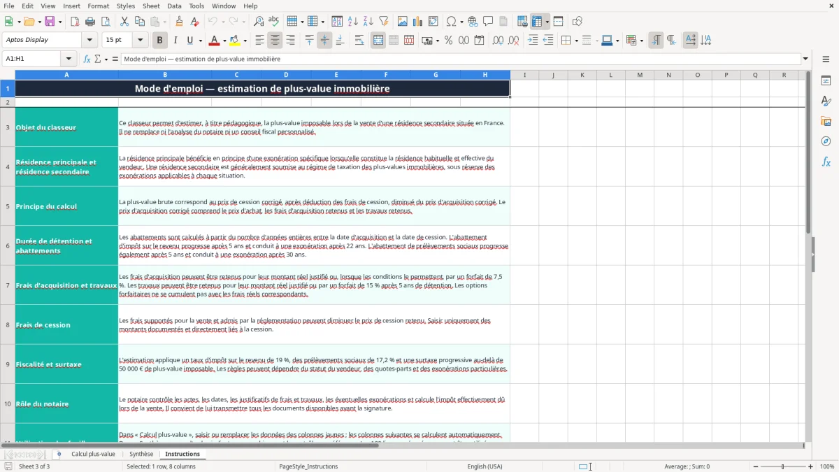 Capture 3 : onglet Instructions - Modèle Excel plus value sur residence secondaire excel