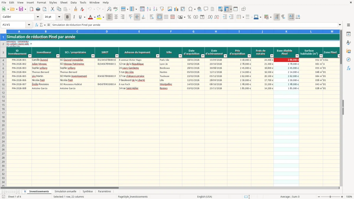Capture 1 : onglet Investissements - Modèle Excel simulation de reduction pinel par annee excel