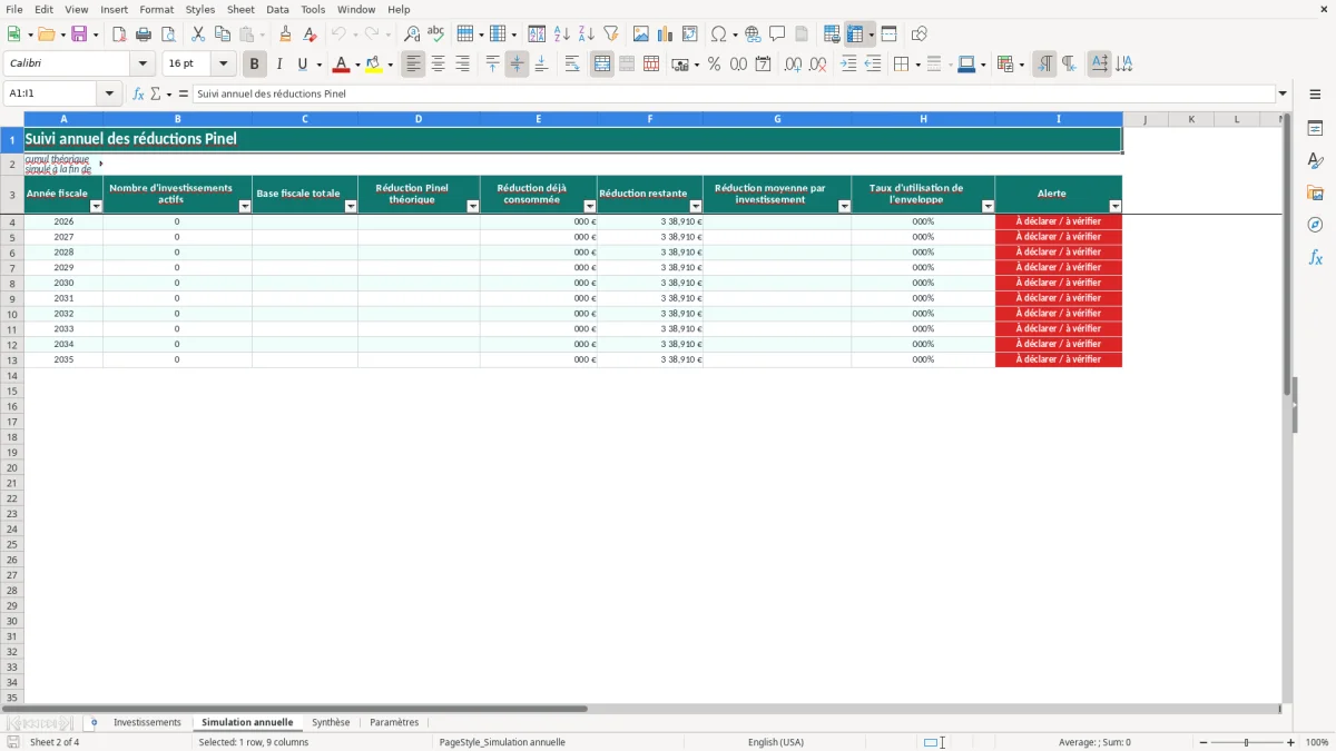 Capture 2 : onglet Simulation annuelle - Modèle Excel simulation de reduction pinel par annee excel