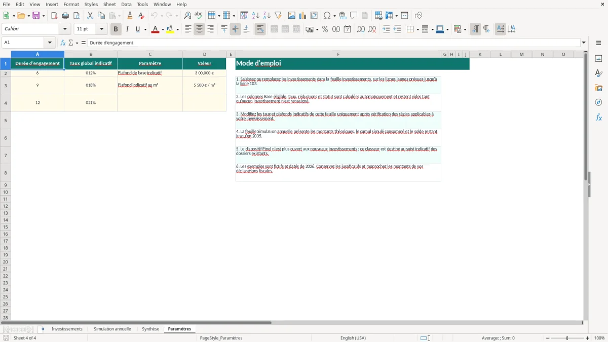 Capture 4 : onglet Paramètres - Modèle Excel simulation de reduction pinel par annee excel