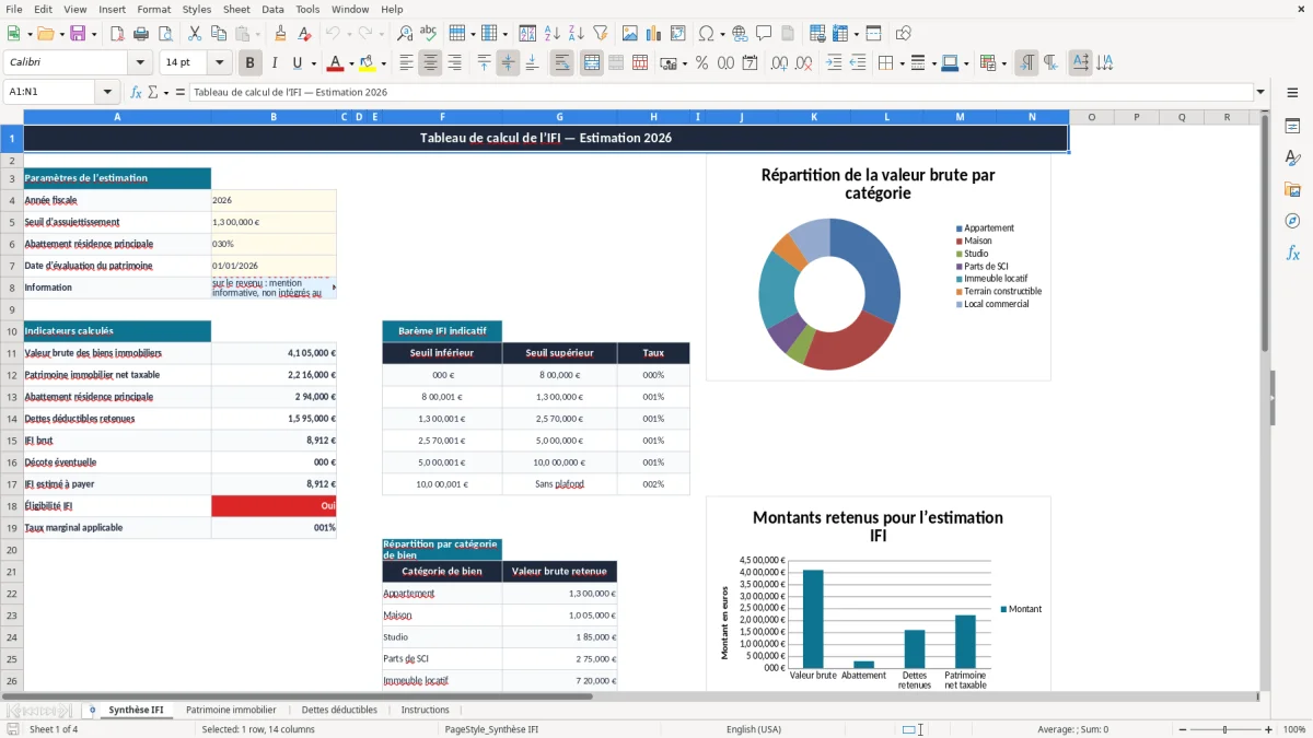 Capture 1 : onglet Synthèse IFI - Modèle Excel tableau de calcul de l'ifi excel