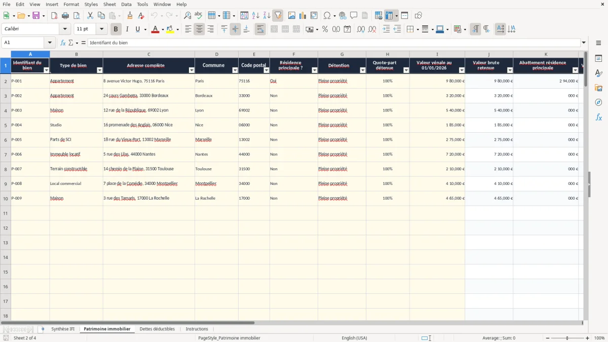 Capture 2 : onglet Patrimoine immobilier - Modèle Excel tableau de calcul de l'ifi excel