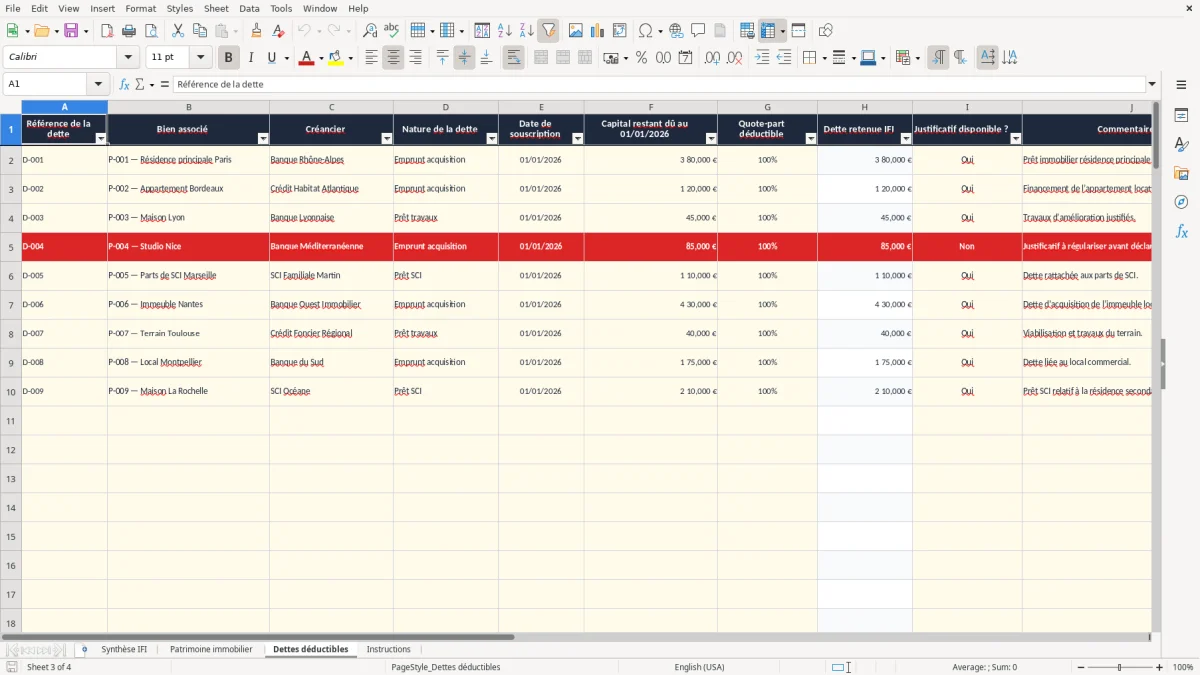 Capture 3 : onglet Dettes déductibles - Modèle Excel tableau de calcul de l'ifi excel