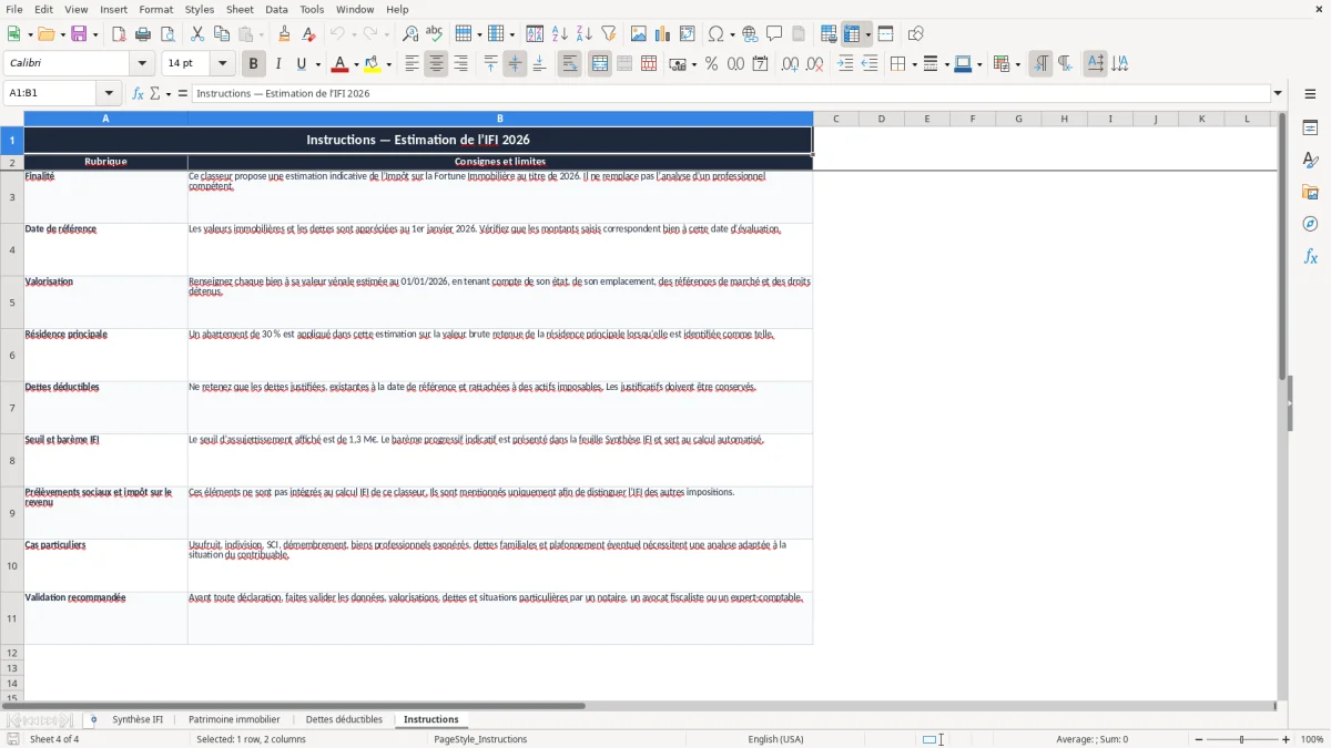 Capture 4 : onglet Instructions - Modèle Excel tableau de calcul de l'ifi excel